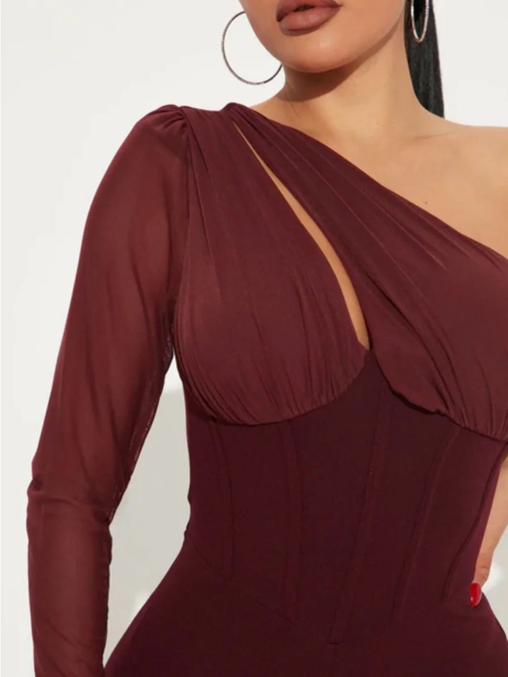Fashion Nova One Love One-Shoulder, Wide-Leg Flattering Fit Burgundy Size M - Picture 3 of 13